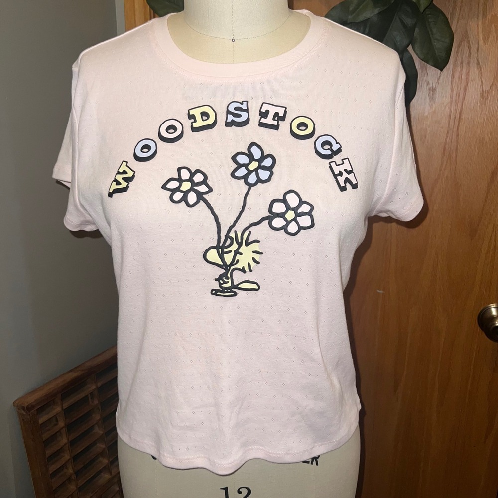 Peanuts Woodstock Graphic Tee Women XL Pink Pointelle Knit Flower Excellent